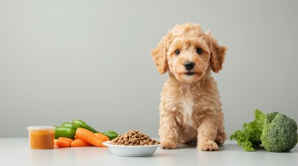 A fluffy puppy sits beside a bowl of kibble and fresh vegetables, showcasing a healthy meal for pets.
