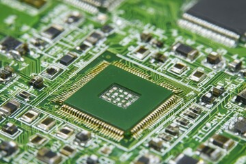 Obraz premium Close-up of Green Computer Chip on Circuit Board Showing Components and Connections for Technology and Innovation