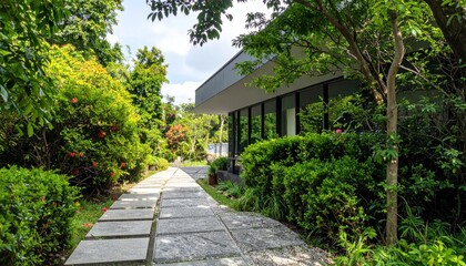Fototapeta premium Modern architectural design nestled amidst lush green foliage in a serene garden setting