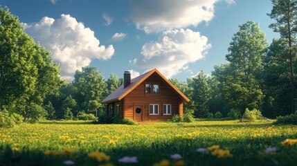 Obraz premium Cozy wooden house surrounded by vibrant green trees and a field of yellow flowers under a bright blue sky