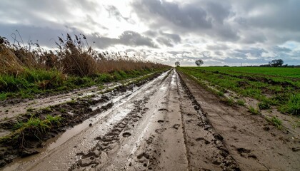 Obraz premium Muddy rural path with cloudy sky and grassy edges on a farm