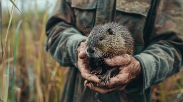 a male farmer holds a nutria in his hands. Selective focus