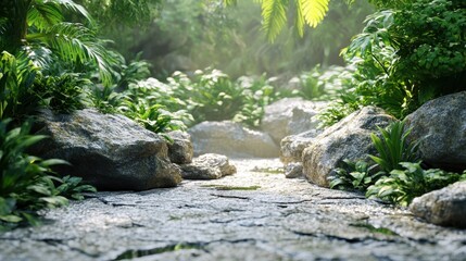 Fototapeta premium Serene Nature Path Through Lush Green Vegetation and Stone Outcrops in Tropical Landscape