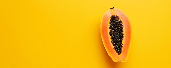 Fototapeta premium Ripe papaya half, vibrant orange flesh and dark seeds, set against a bold yellow backdrop