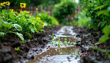 Fototapeta premium Serene Garden Pathway Under Gentle Rainfall with Fresh Flowers