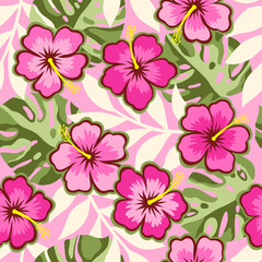Pink hibiscus flower with tropical leaf seamless pattern design for summer holidays background.