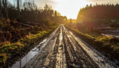 Fototapeta premium Muddy Pathway Through Forest with Sunset in Background