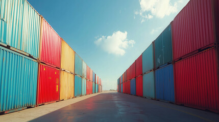 Rows of colorful cargo containers stand tall under a bright blue sky