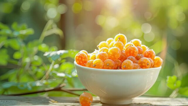 cloudberry in a white bowl on a wooden table nature background. Selective focus