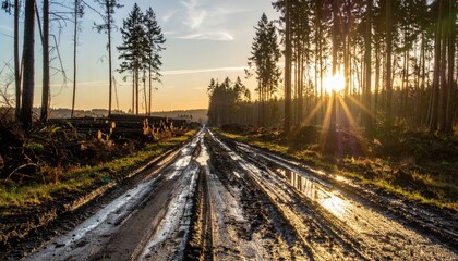 Fototapeta premium Serene Sunset Over a Muddy Forest Road Surrounded by Tall Trees