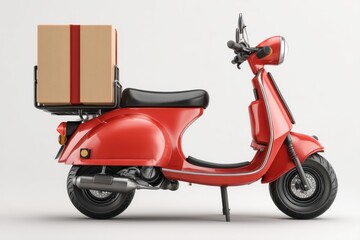 Obraz premium Red scooter delivering package, side view, studio shot, delivery service concept, fast shipping, modern transport, urban mobility, efficient logistics, minimalist design
