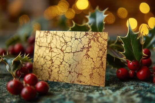 Golden textured rectangle surrounded by holiday decor.