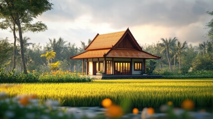 Serene Traditional House Surrounded by Lush Green Rice Fields and Vibrant Flowers Under a Beautiful Sky