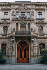 Obraz premium Ornate Building Facade in Europe with Wooden Door and Balcony Low Angle Architectural Photography