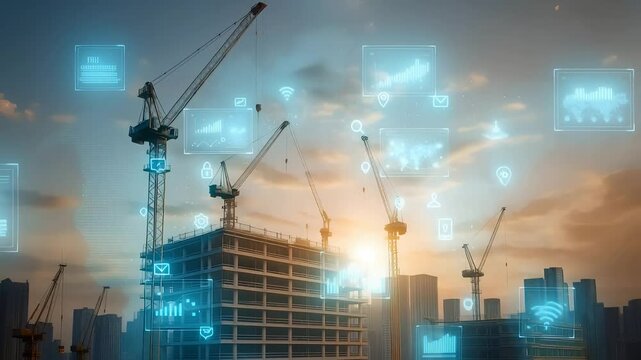 Smart City Construction Site with Tower Cranes and Digital Icons Representing Building Progress, Development and Technology

