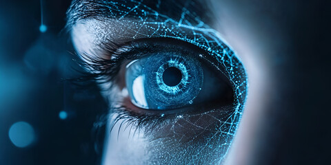 Futuristic Eye Scan Technology with Digital Data Interface, Close-Up of High-Tech Eye with Digital Data Analysis, Biometric Eye Scan for Digital Authentication in Technology


