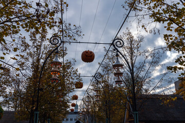Traditional park decoration for Halloween with pumpkins. High quality photo