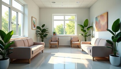Fototapeta premium Friendly and clean doctor's office waiting area with comfortable seating and calming decor , artwork, medical, wellness