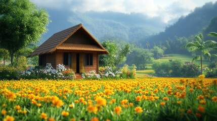 Serene Wooden Cottage Surrounded by Vibrant Yellow Flowers and Lush Green Hills Under a Cloudy Sky