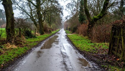 Obraz premium Serene Country Road with Lush Greenery and Reflections in Puddles