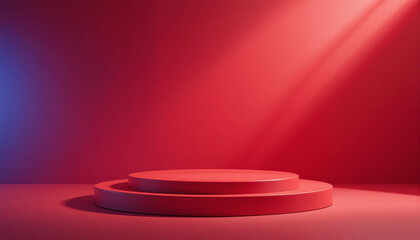 Red Podium Stoc, Minimalistic studio with a red circular podium on a gradient red background, featuring soft lighting from one side, perfect for product displays, presentations, or stage events.