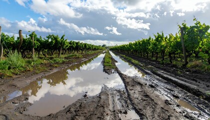 Tranquil Vineyard Pathway Under Dramatic Sky After Rain Shower