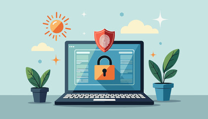 Laptop with lock screen, shield, and fingerprint, for online security, with copy space