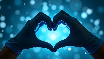 Fototapeta premium Latex-Gloved Hands Creating Heart Silhouette Against Deep Blue Medical Background with Soft Focus Particles Floating in Air