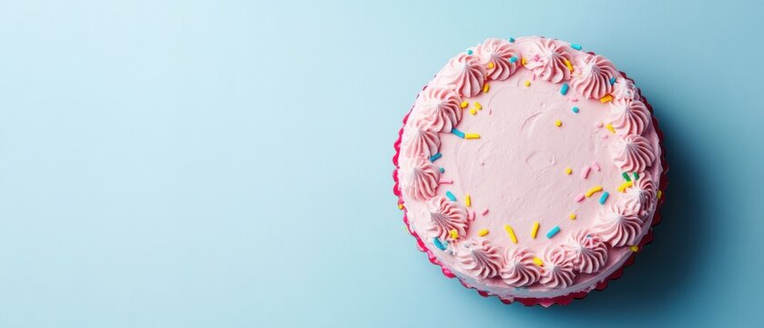 Pink frosted cake with sprinkles on blue background overhead flat lay studio shot for birthdays and celebrations