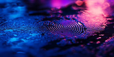 Digital Fingerprint on Wet Surface with Neon Light, Close-Up of Digital Fingerprint on Reflective Surface, Colorful Digital Fingerprint in Neon Lighting

