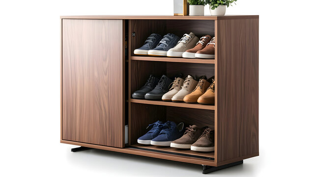 A wooden shoe rack with three shelves