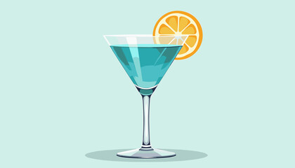 Blue cocktail in a glass with citrus garnish on light green, with copy space