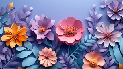 Fototapeta premium Colorful paper flowers and leaves arranged in a circular pattern on a purple background