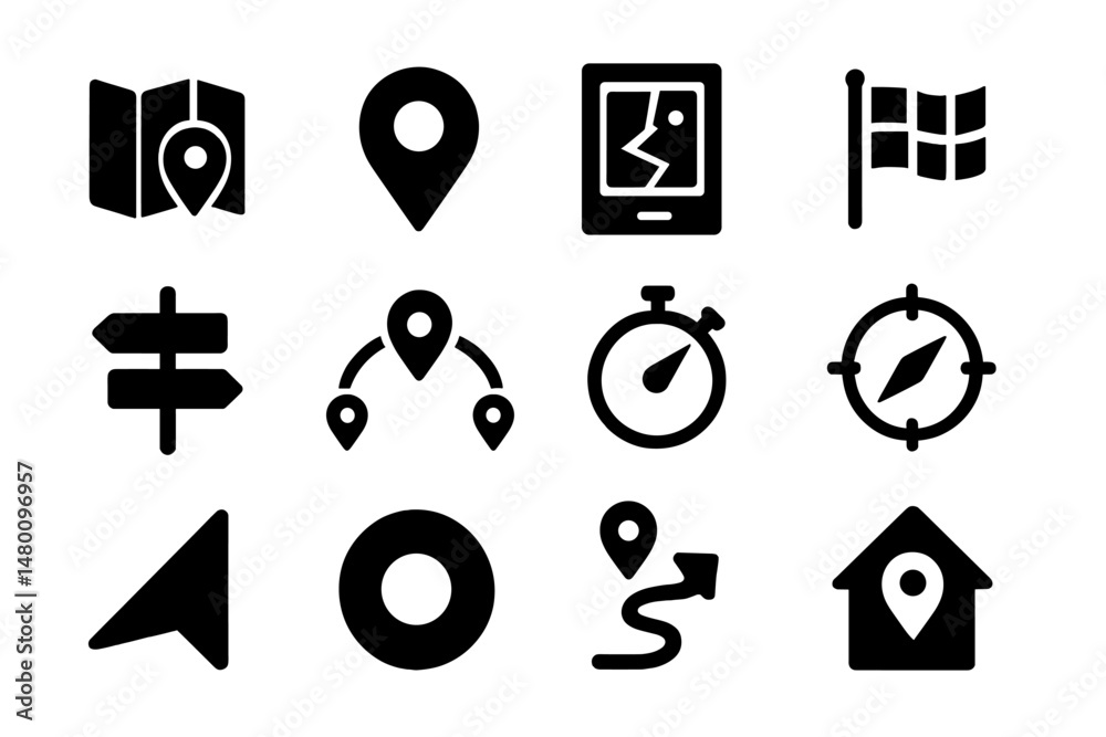 Poster collection of navigation symbols and icons for mapping and location services in black design