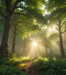 Obraz premium Warm sun rays illuminate vibrant green leaves, creating a radiant forest scene , illumination, sun, sparkle