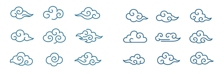 Artistic collection of cloud designs featuring various shapes and styles suitable for digital backgrounds or illustrations