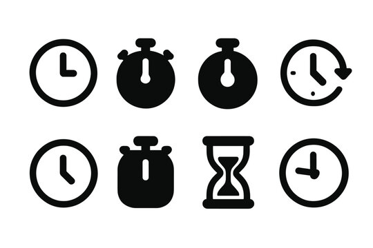 Various clock and timer icons representing time management and measurement in black silhouette design