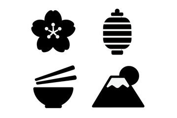 Symbols representing Japanese culture with cherry blossom, lantern, bowl of rice, and iconic mountain during daytime