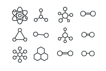 Multiple scientific symbols representing atoms, molecules, and chemical structures in a structured layout