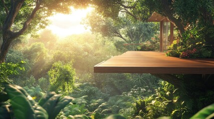 Serene Treehouse Retreat Surrounded by Lush Greenery and Sunlight in a Tranquil Forest Setting