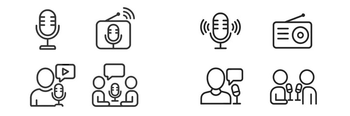 Variety of microphone and communication icons illustrating broadcasting and conversation in modern media settings