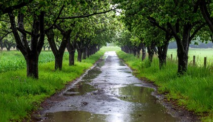 Naklejka premium Serene Pathway Through Lush Green Trees After a Rain Shower