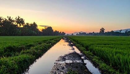 Obraz premium Serene Sunrise Over Rice Field with Reflections and Vibrant Colors