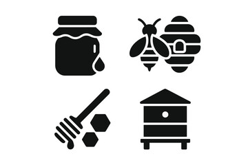 Honey production process showcases jar, bee, honeycomb, and hive in a simple yet informative design element for eco-friendly branding