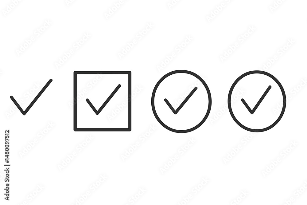Poster various styles of check marks displayed in different shapes on a blank background