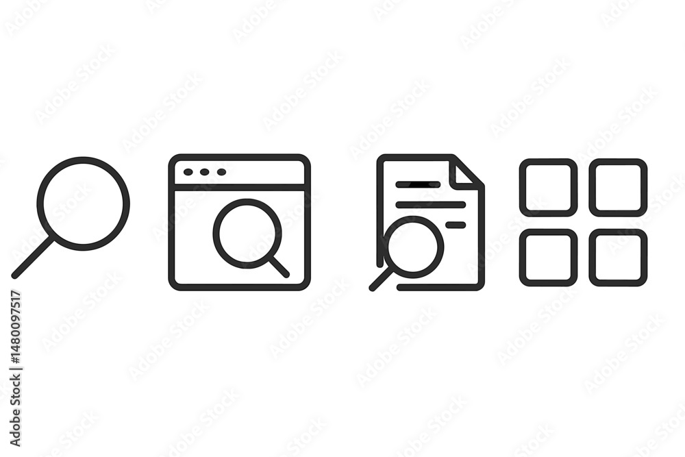 Poster different search icons depicting various search functionalities in a minimalist style