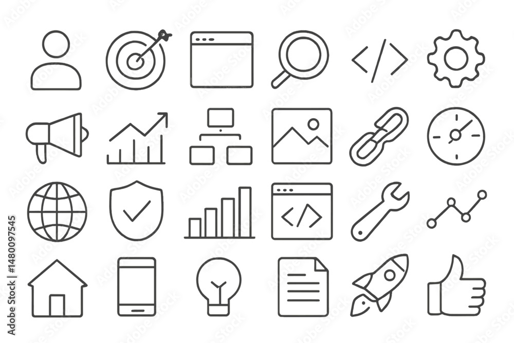Poster collection of simple line icons representing various digital and technological concepts in a grid la