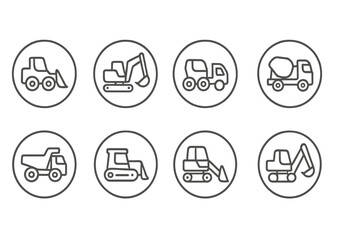 Construction machinery icons illustrating various equipment types used in building and excavation work