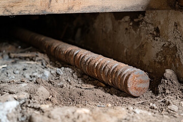 Obraz premium Rusty metal rod found under wooden structure during ground work
