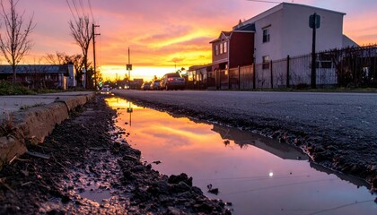 Obraz premium Stunning Sunset Reflection in Puddle on Calm Urban Street Scene